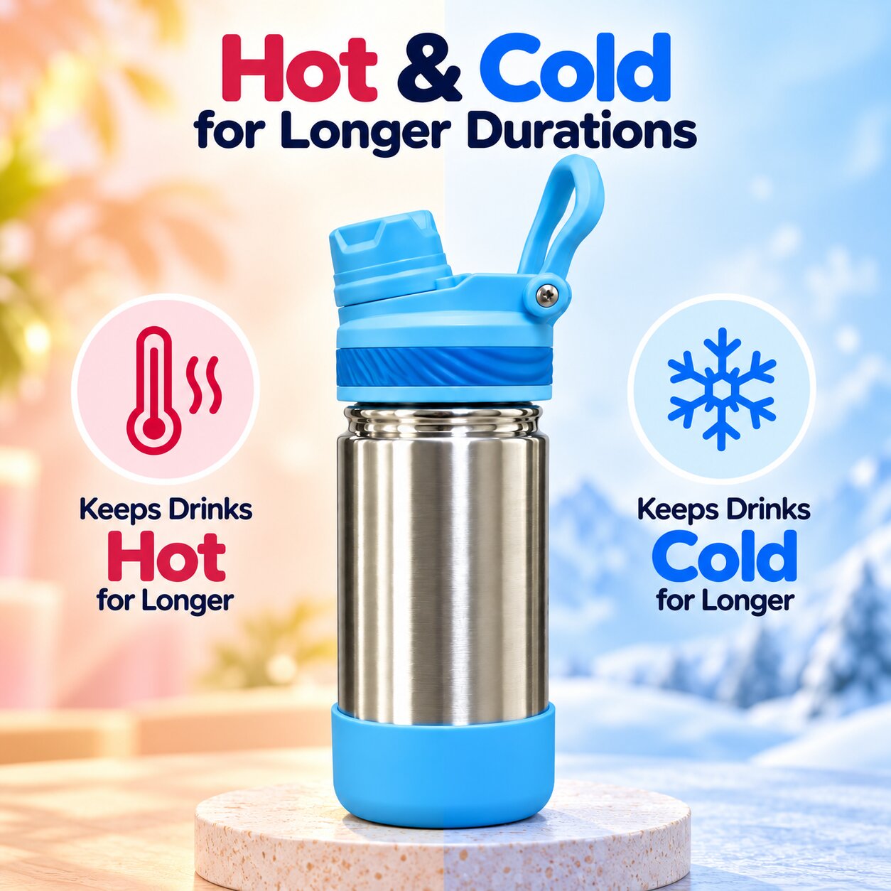 Adore HydroFlip 2-in-1 Insulated Stainless Steel Kids Water Bottle with Silicone Base, 2 Spare Pipes & Straw Brush 450ml-Blue