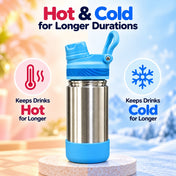 Adore HydroFlip 2-in-1 Insulated Stainless Steel Kids Water Bottle with Silicone Base, 2 Spare Pipes & Straw Brush 450ml-Blue