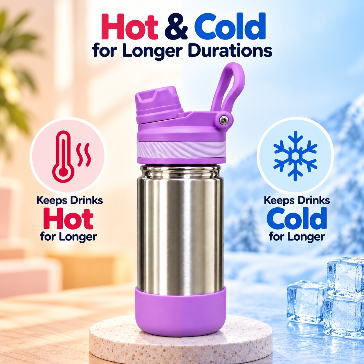 Adore HydroFlip 2-in-1 Insulated Stainless Steel Kids Water Bottle with Silicone Base, 2 Spare Pipes & Straw Brush 450ml-Purple