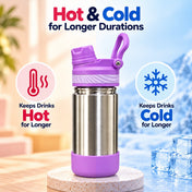 Adore HydroFlip 2-in-1 Insulated Stainless Steel Kids Water Bottle with Silicone Base, 2 Spare Pipes & Straw Brush 450ml-Purple