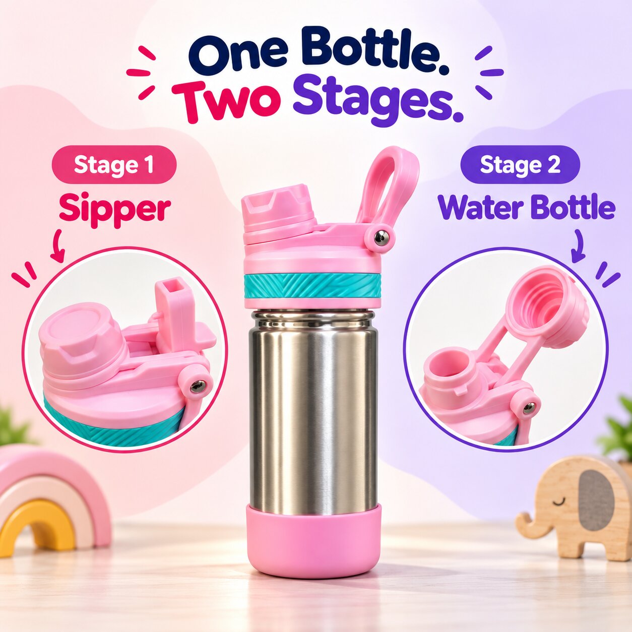 Adore HydroFlip 2-in-1 Insulated Stainless Steel Kids Water Bottle with Silicone Base, 2 Spare Pipes & Straw Brush 450ml-Pink