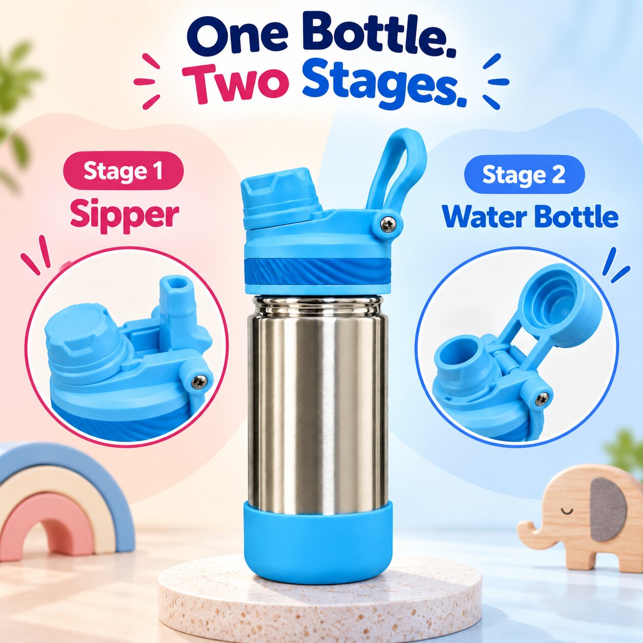 Adore HydroFlip 2-in-1 Insulated Stainless Steel Kids Water Bottle with Silicone Base, 2 Spare Pipes & Straw Brush 450ml-Blue