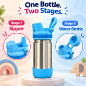 Adore HydroFlip 2-in-1 Insulated Stainless Steel Kids Water Bottle with Silicone Base, 2 Spare Pipes & Straw Brush 450ml-Blue