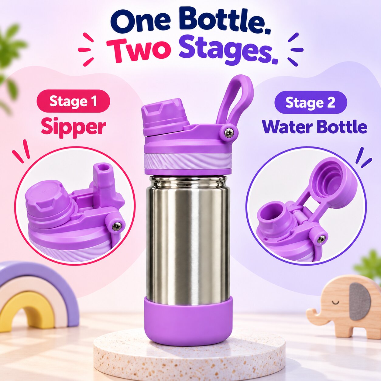Adore HydroFlip 2-in-1 Insulated Stainless Steel Kids Water Bottle with Silicone Base, 2 Spare Pipes & Straw Brush 450ml-Purple