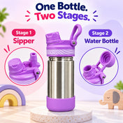 Adore HydroFlip 2-in-1 Insulated Stainless Steel Kids Water Bottle with Silicone Base, 2 Spare Pipes & Straw Brush 450ml-Purple