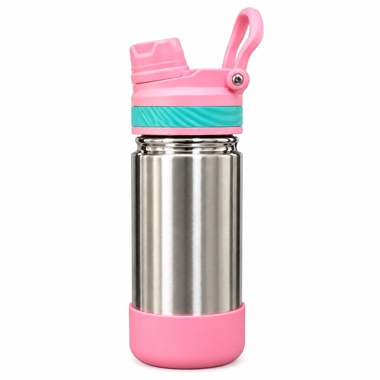 Adore HydroFlip 2-in-1 Insulated Stainless Steel Kids Water Bottle with Silicone Base, 2 Spare Pipes & Straw Brush 450ml-Pink