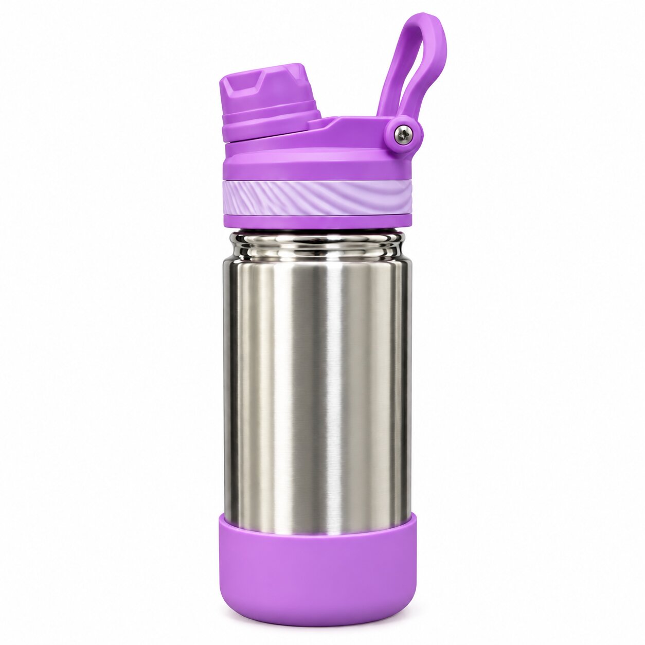 Adore HydroFlip 2-in-1 Insulated Stainless Steel Kids Water Bottle with Silicone Base, 2 Spare Pipes & Straw Brush 450ml-Purple