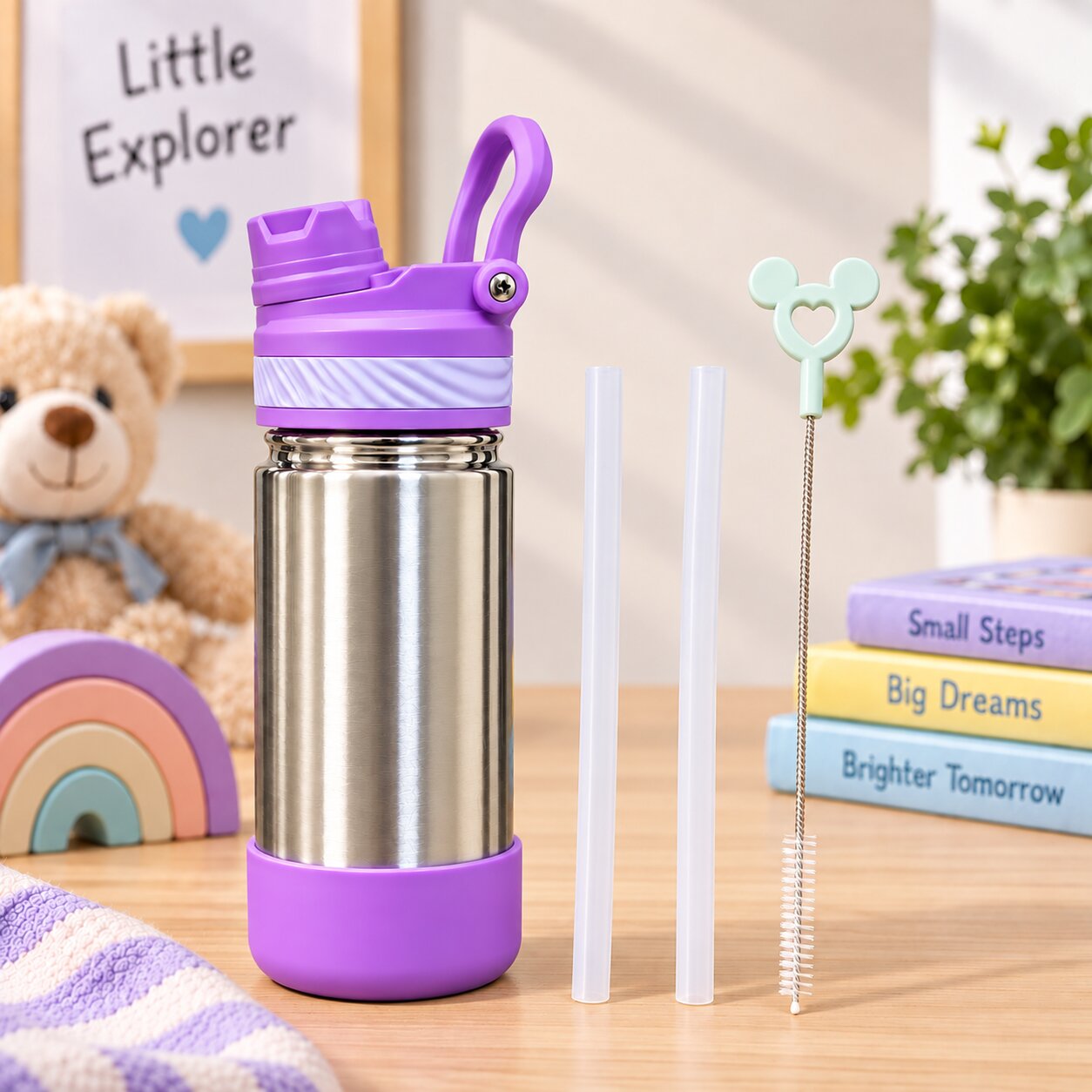 Adore HydroFlip 2-in-1 Insulated Stainless Steel Kids Water Bottle with Silicone Base, 2 Spare Pipes & Straw Brush 450ml-Purple