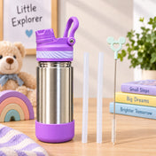Adore HydroFlip 2-in-1 Insulated Stainless Steel Kids Water Bottle with Silicone Base, 2 Spare Pipes & Straw Brush 450ml-Purple
