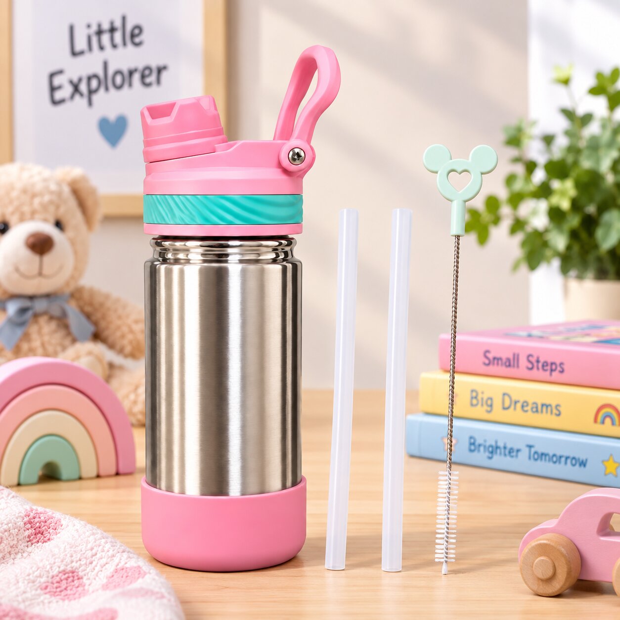 Adore HydroFlip 2-in-1 Insulated Stainless Steel Kids Water Bottle with Silicone Base, 2 Spare Pipes & Straw Brush 450ml-Pink