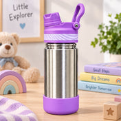 Adore HydroFlip 2-in-1 Insulated Stainless Steel Kids Water Bottle with Silicone Base, 2 Spare Pipes & Straw Brush 450ml-Purple
