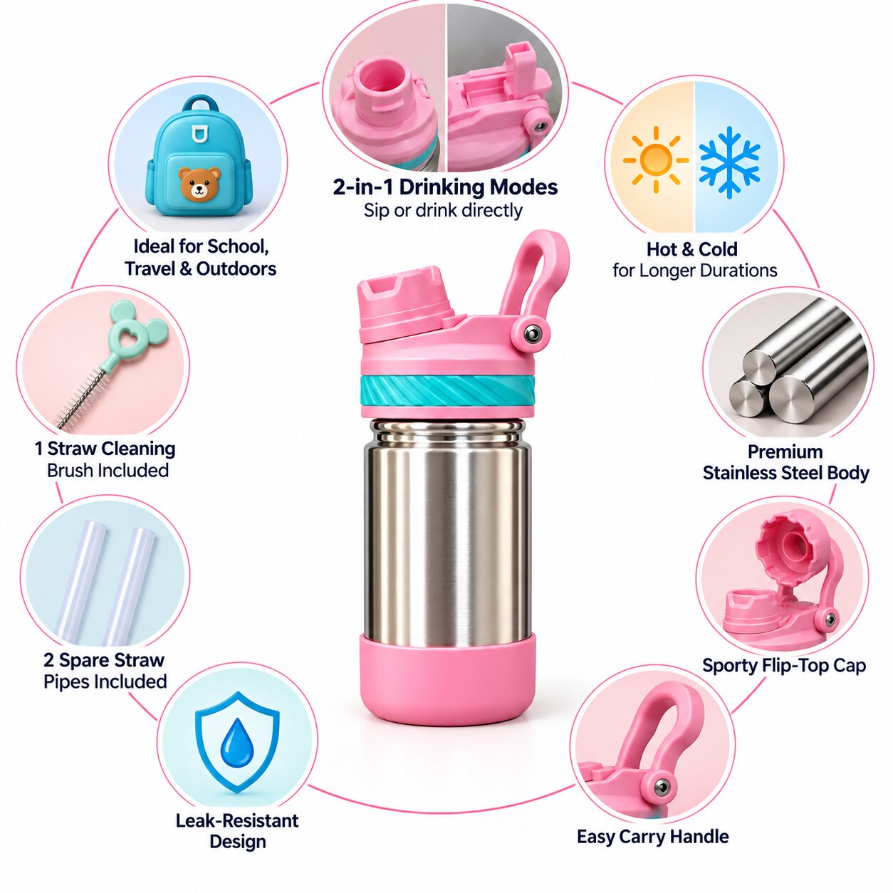 Adore HydroFlip 2-in-1 Insulated Stainless Steel Kids Water Bottle with Silicone Base, 2 Spare Pipes & Straw Brush 450ml-Pink