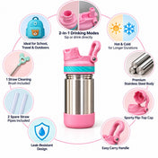 Adore HydroFlip 2-in-1 Insulated Stainless Steel Kids Water Bottle with Silicone Base, 2 Spare Pipes & Straw Brush 450ml-Pink