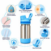 Adore HydroFlip 2-in-1 Insulated Stainless Steel Kids Water Bottle with Silicone Base, 2 Spare Pipes & Straw Brush 450ml-Blue