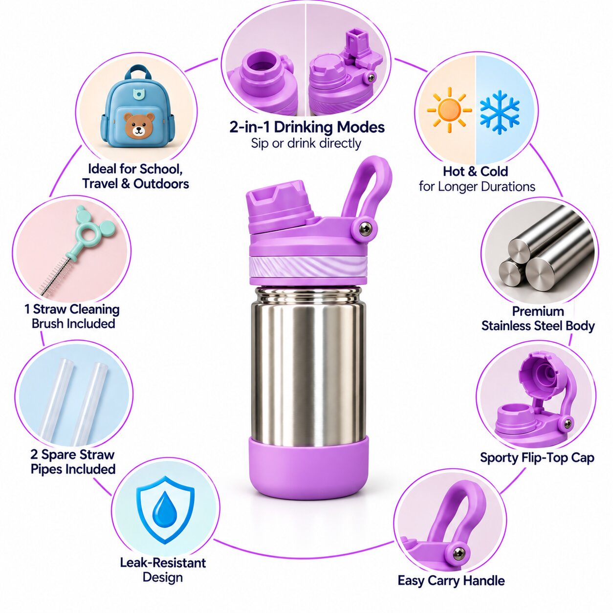 Adore HydroFlip 2-in-1 Insulated Stainless Steel Kids Water Bottle with Silicone Base, 2 Spare Pipes & Straw Brush 450ml-Purple