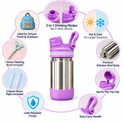 Adore HydroFlip 2-in-1 Insulated Stainless Steel Kids Water Bottle with Silicone Base, 2 Spare Pipes & Straw Brush 450ml-Purple