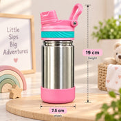Adore HydroFlip 2-in-1 Insulated Stainless Steel Kids Water Bottle with Silicone Base, 2 Spare Pipes & Straw Brush 450ml-Pink