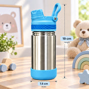 Adore HydroFlip 2-in-1 Insulated Stainless Steel Kids Water Bottle with Silicone Base, 2 Spare Pipes & Straw Brush 450ml-Blue