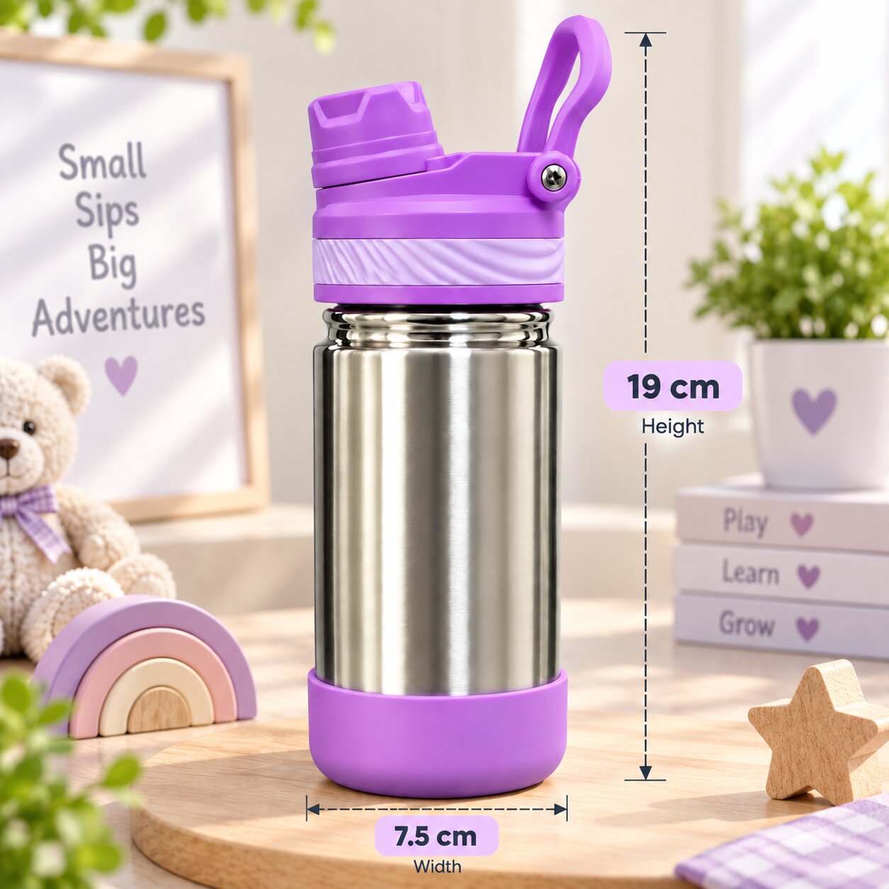 Adore HydroFlip 2-in-1 Insulated Stainless Steel Kids Water Bottle with Silicone Base, 2 Spare Pipes & Straw Brush 450ml-Purple