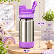 Adore HydroFlip 2-in-1 Insulated Stainless Steel Kids Water Bottle with Silicone Base, 2 Spare Pipes & Straw Brush 450ml-Purple