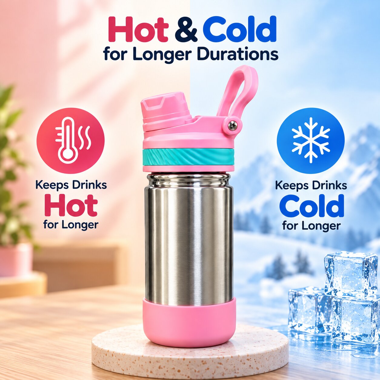 Adore HydroFlip 2-in-1 Insulated Stainless Steel Kids Water Bottle with Silicone Base, 2 Spare Pipes & Straw Brush 450ml-Pink