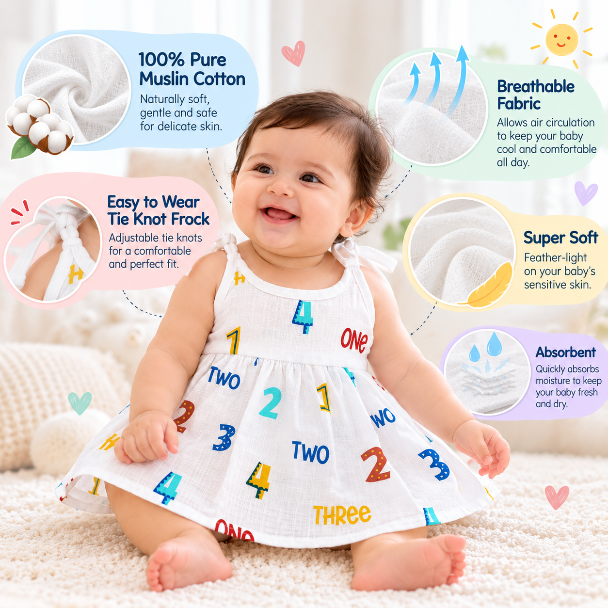 Adore Little Blossom- Pure Muslin Cotton Baby Tie-Knot Frock- Pack of 3-Numbers-3-6 Months