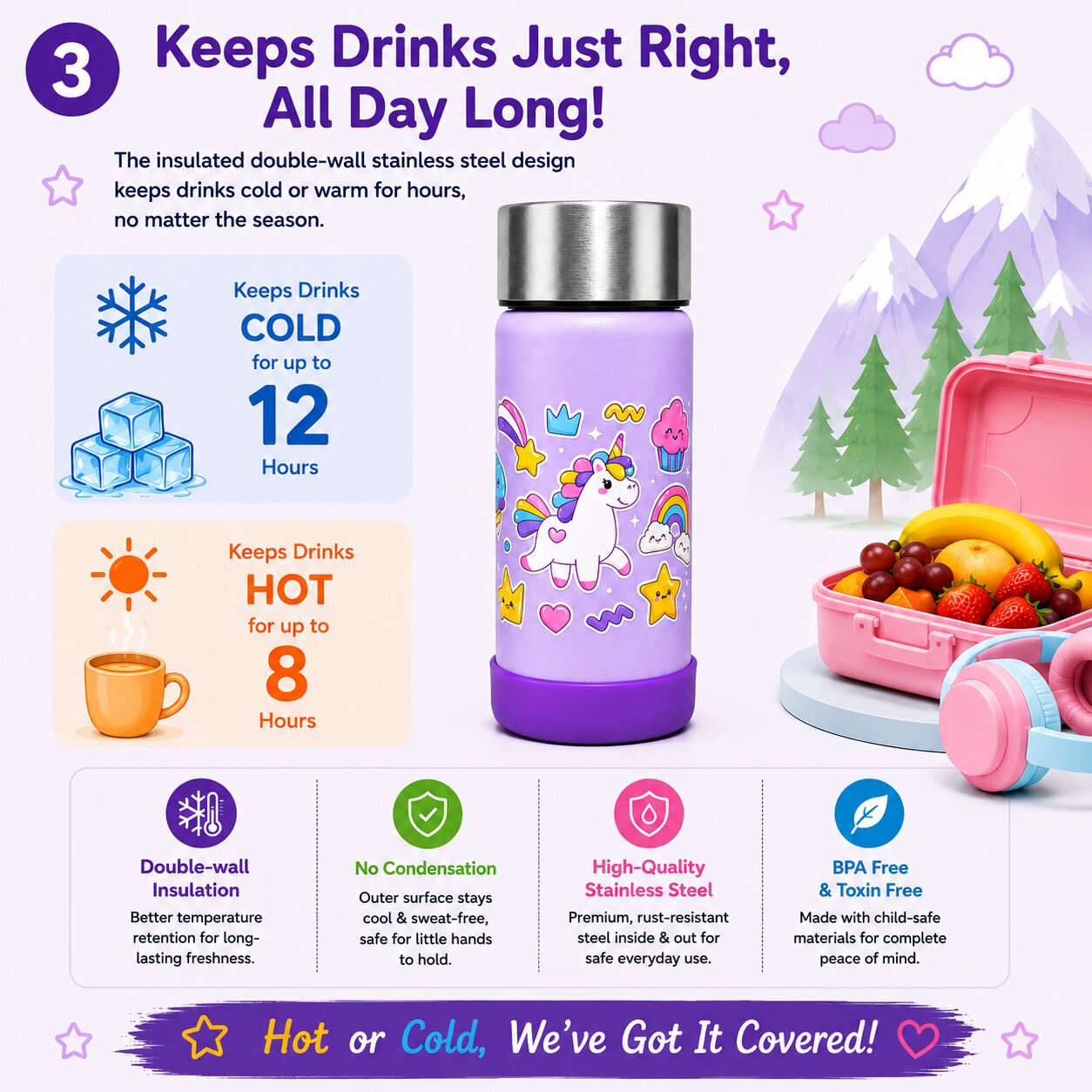 Adore Dr.Feed Little Champs Hot & Cold Insulated Steel Water Bottle 270ml-Purple
