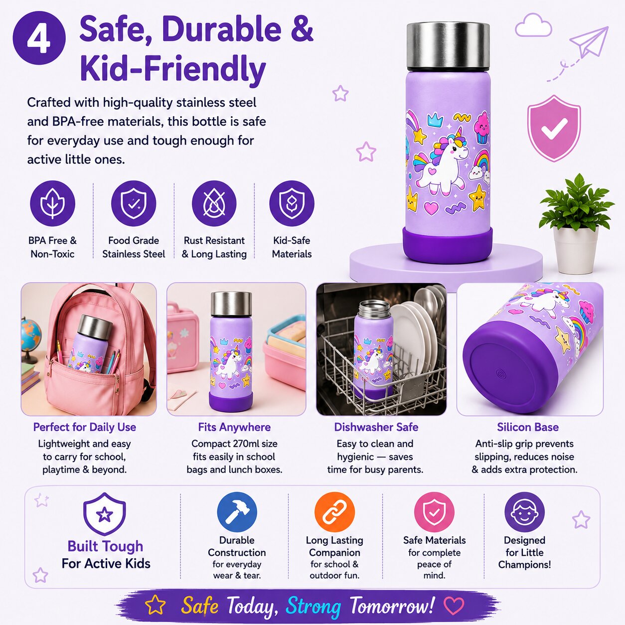 Adore Dr.Feed Little Champs Hot & Cold Insulated Steel Water Bottle 270ml-Purple