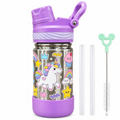 Adore HydroFlip 2-in-1 Insulated Printed Stainless Steel Kids Water Bottle with Silicone Base, 2 Spare Pipes & Straw Brush 450ml-Purple
