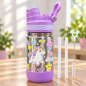Adore HydroFlip 2-in-1 Insulated Printed Stainless Steel Kids Water Bottle with Silicone Base, 2 Spare Pipes & Straw Brush 450ml-Purple