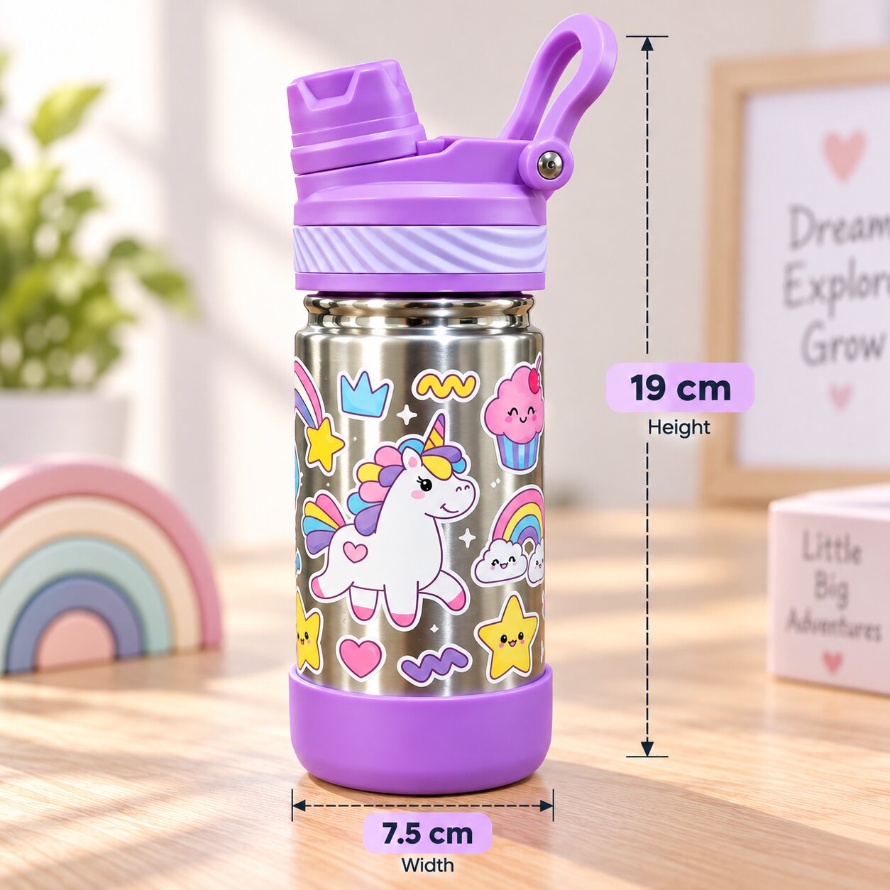 Adore HydroFlip 2-in-1 Insulated Printed Stainless Steel Kids Water Bottle with Silicone Base, 2 Spare Pipes & Straw Brush 450ml-Purple