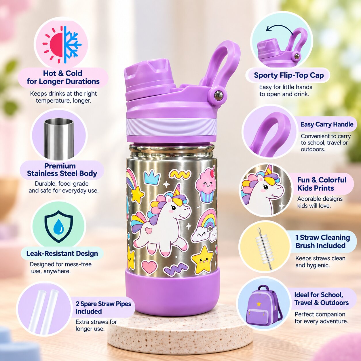 Adore HydroFlip 2-in-1 Insulated Printed Stainless Steel Kids Water Bottle with Silicone Base, 2 Spare Pipes & Straw Brush 450ml-Purple