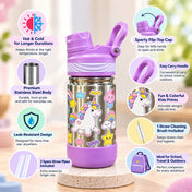 Adore HydroFlip 2-in-1 Insulated Printed Stainless Steel Kids Water Bottle with Silicone Base, 2 Spare Pipes & Straw Brush 450ml-Purple