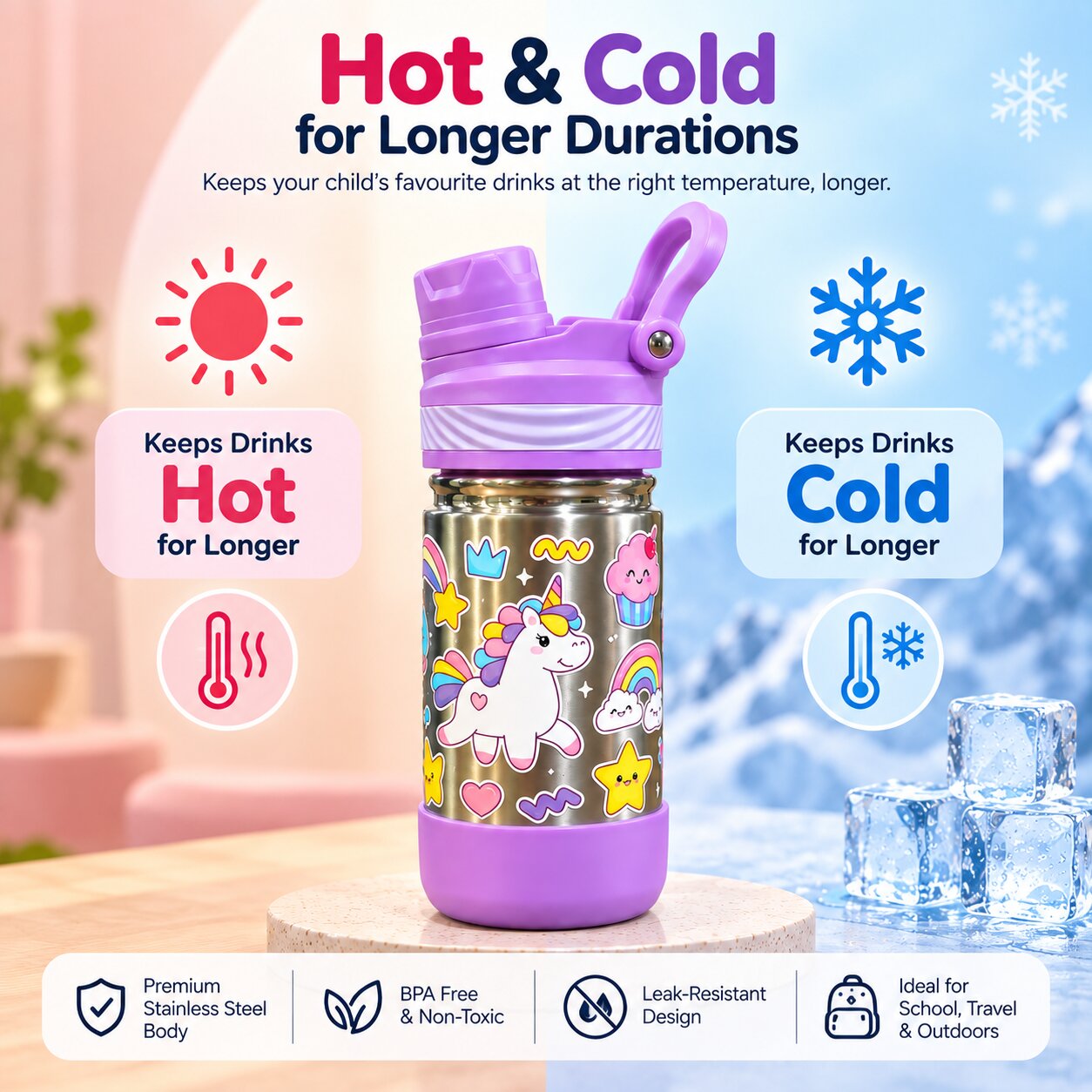 Adore HydroFlip 2-in-1 Insulated Printed Stainless Steel Kids Water Bottle with Silicone Base, 2 Spare Pipes & Straw Brush 450ml-Purple