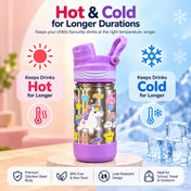 Adore HydroFlip 2-in-1 Insulated Printed Stainless Steel Kids Water Bottle with Silicone Base, 2 Spare Pipes & Straw Brush 450ml-Purple