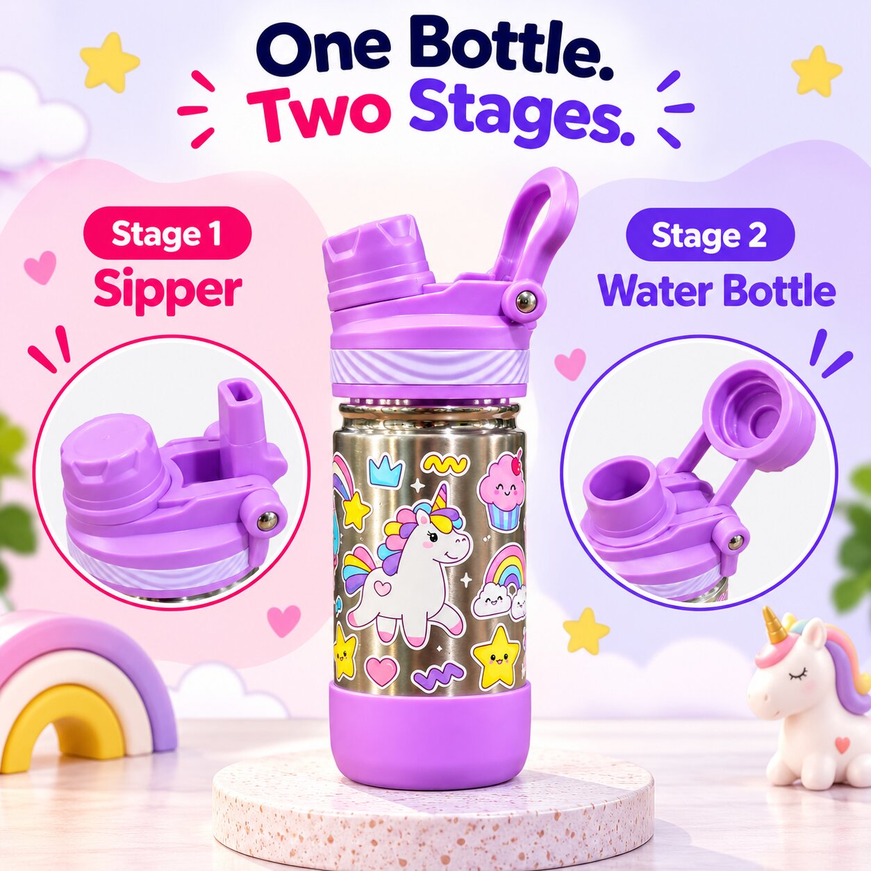 Adore HydroFlip 2-in-1 Insulated Printed Stainless Steel Kids Water Bottle with Silicone Base, 2 Spare Pipes & Straw Brush 450ml-Purple