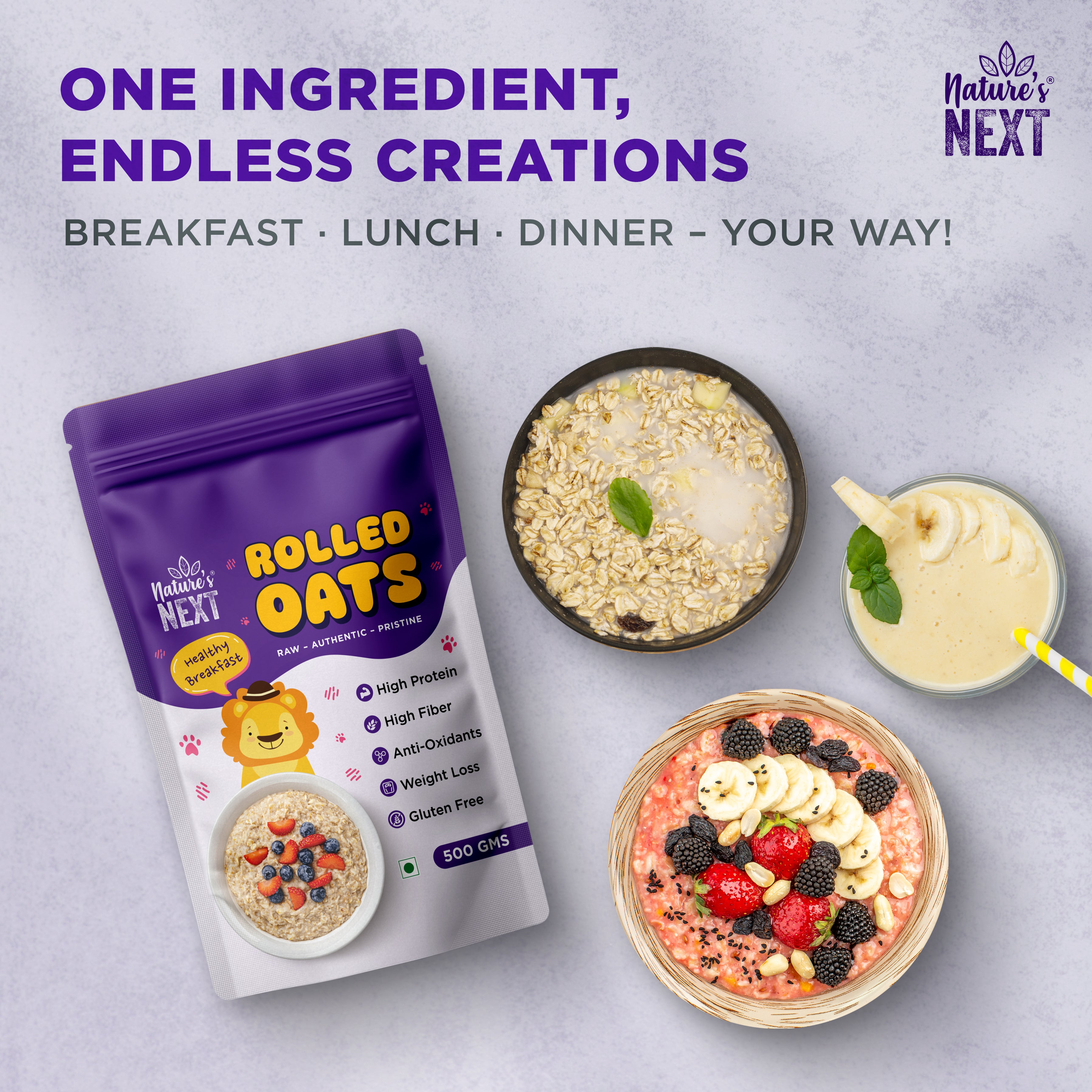 Nature's Next Rolled Oats 500g - Raw – Authentic – Pristine