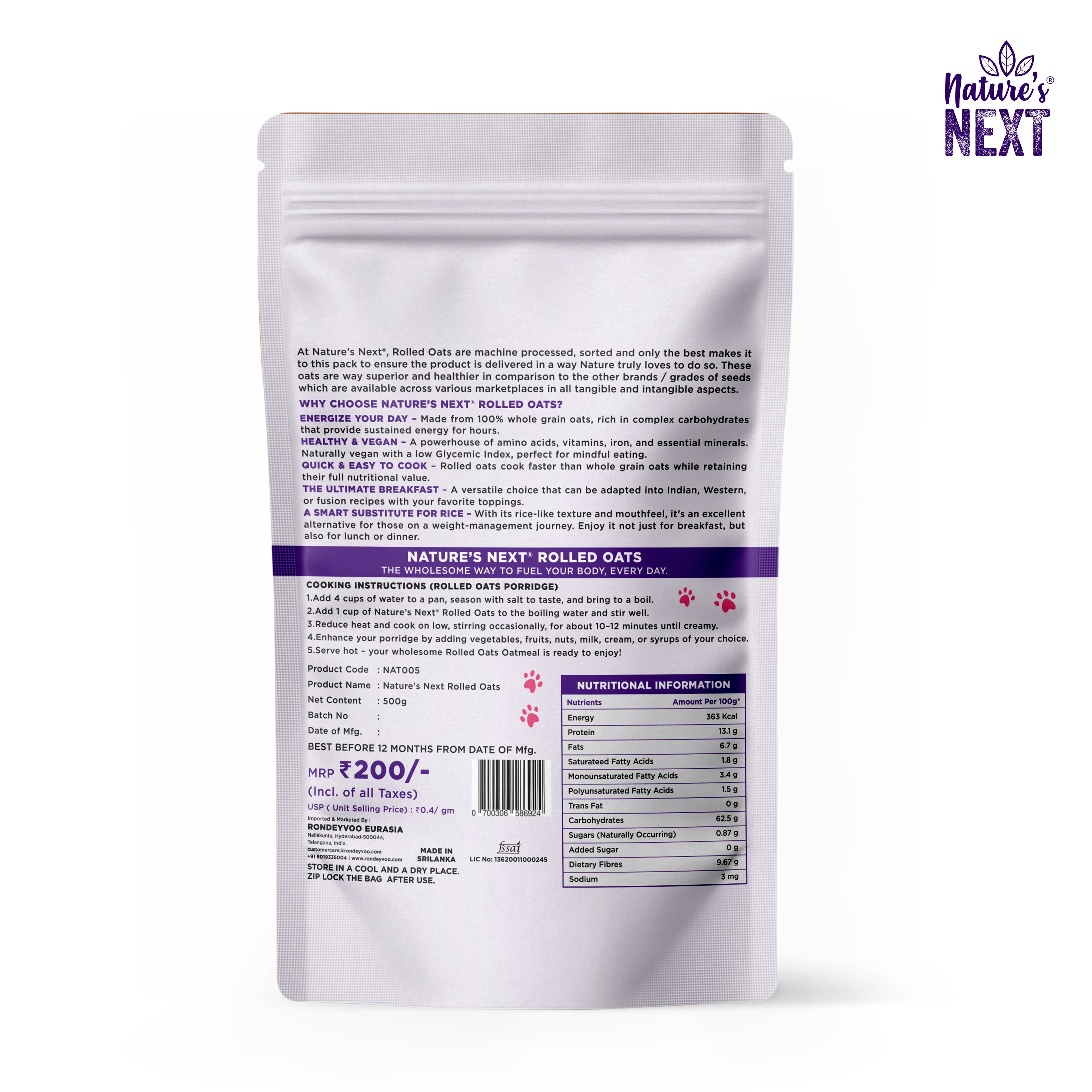 Nature's Next Rolled Oats 500g - Raw – Authentic – Pristine