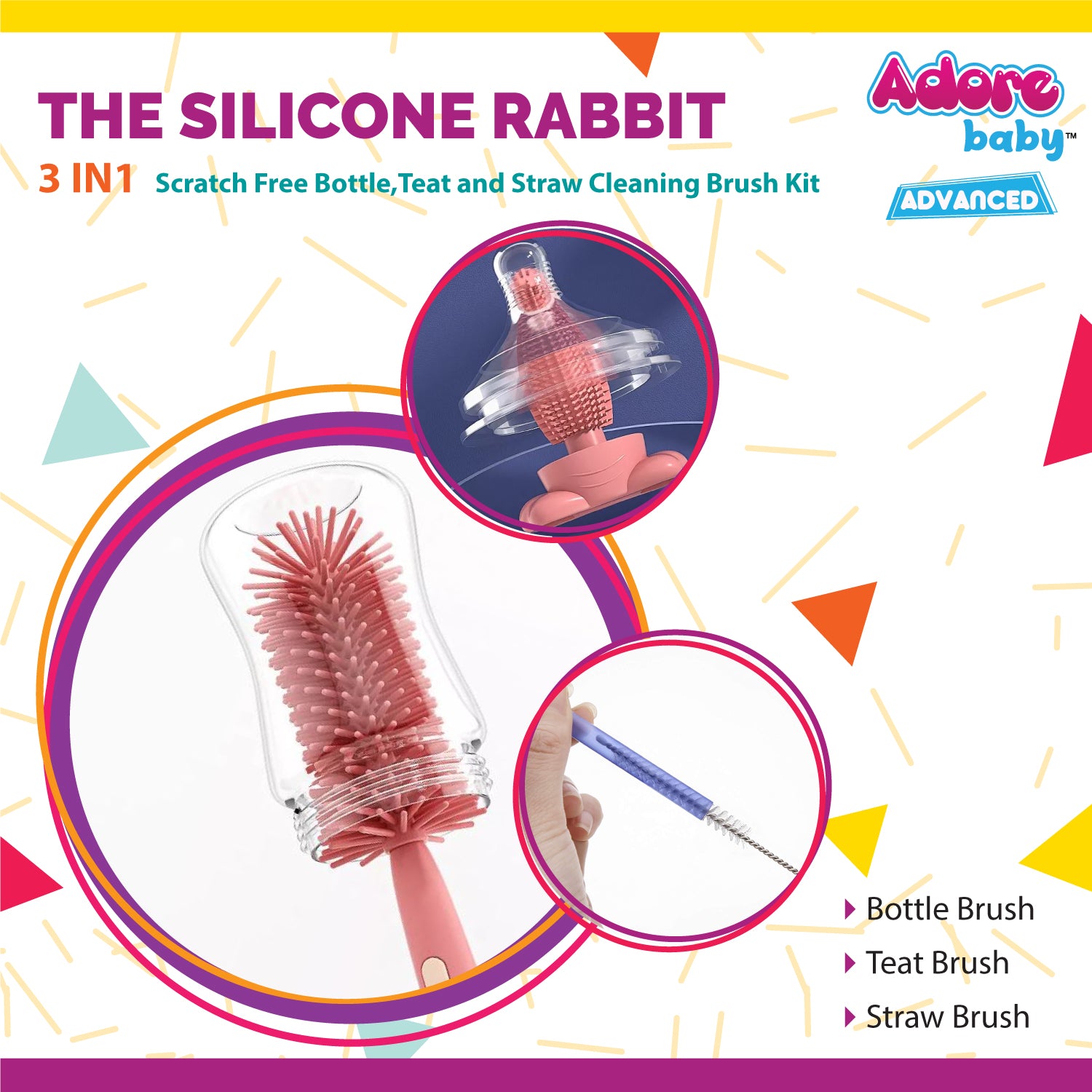 Adore The Silicone Rabbit 3 in 1 Bottle Cleaning Brush Kit - Pink