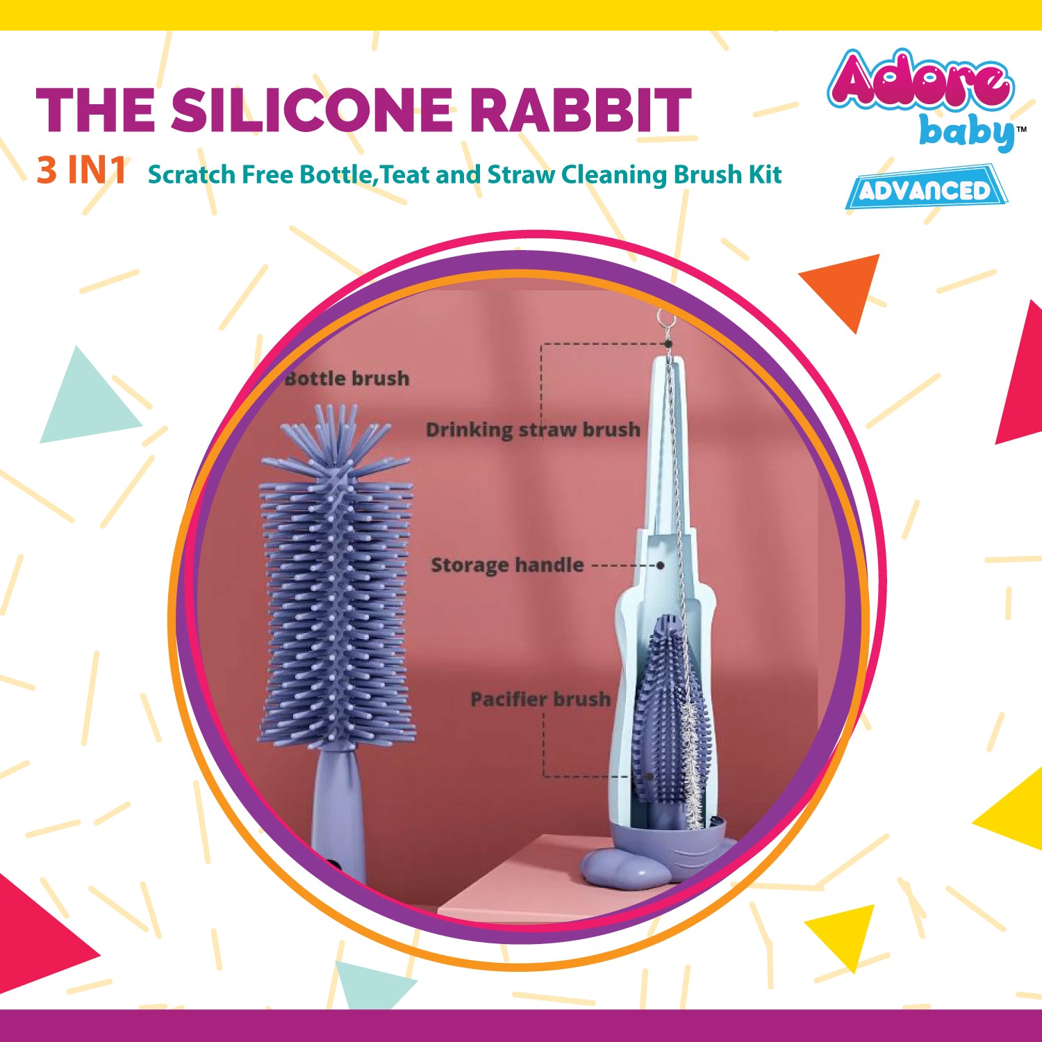 Adore The Silicone Rabbit 3 in 1 Bottle Cleaning Brush Kit - Blue
