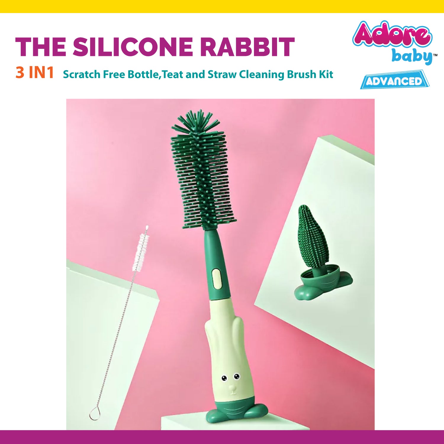 Adore The Silicone Rabbit 3 in 1 Bottle Cleaning Brush Kit - Green