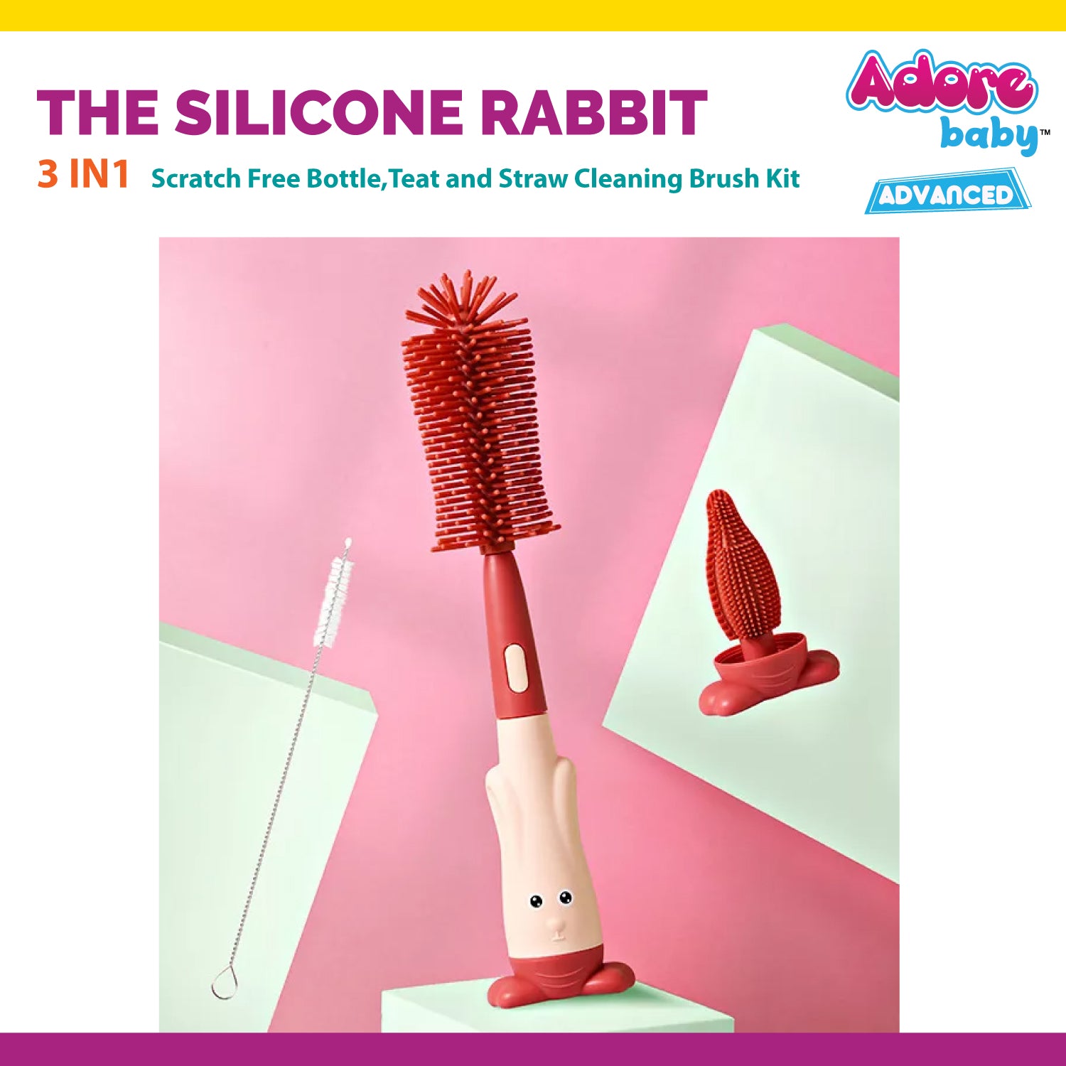 Adore The Silicone Rabbit 3 in 1 Bottle Cleaning Brush Kit - Pink