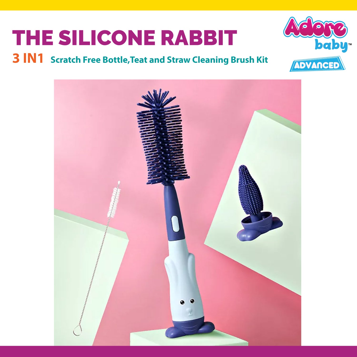 Adore The Silicone Rabbit 3 in 1 Bottle Cleaning Brush Kit - Blue