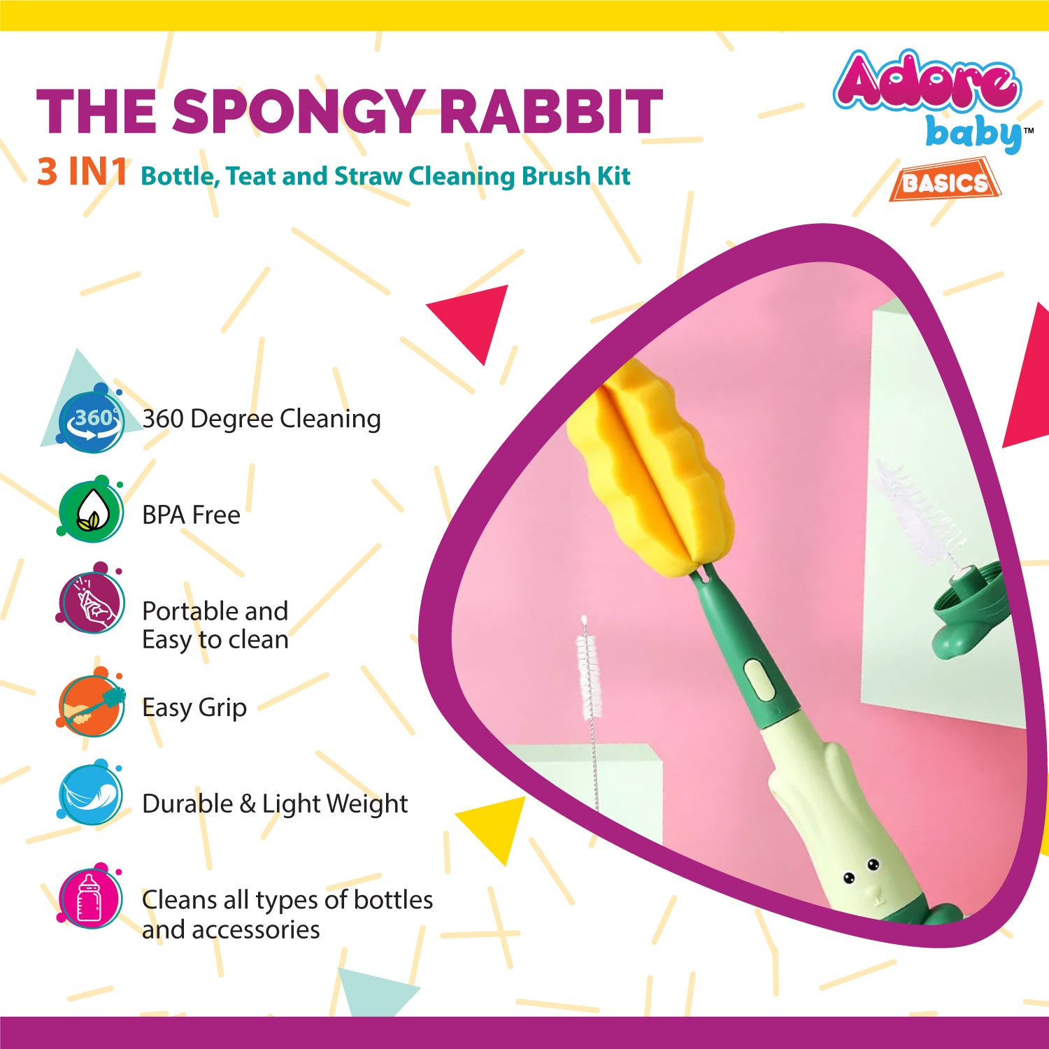 Adore Spongy Rabbit 3-in-1 Bottle Cleaning Brush Kit - Green