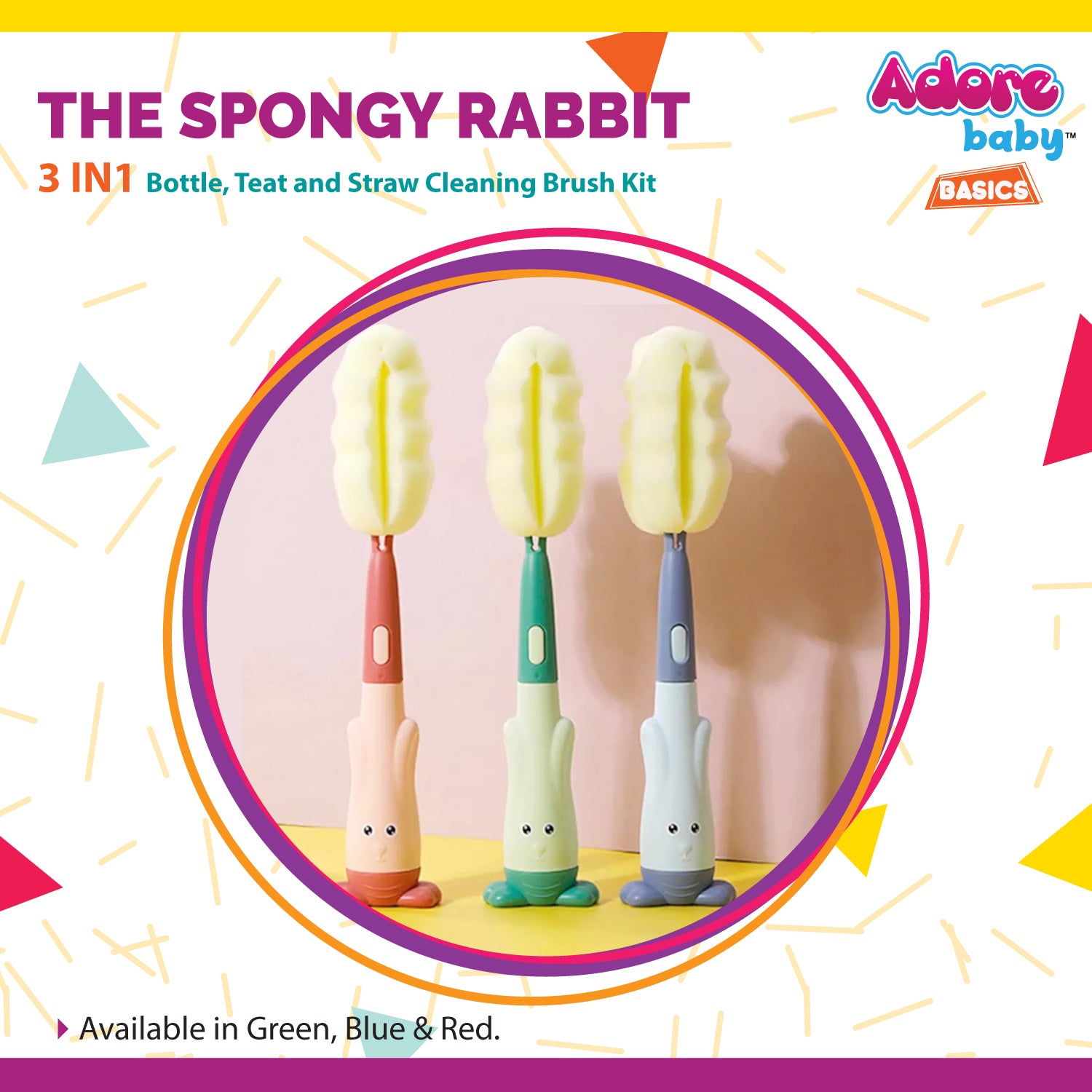 Adore Spongy Rabbit 3-in-1 Bottle Cleaning Brush Kit - Pink