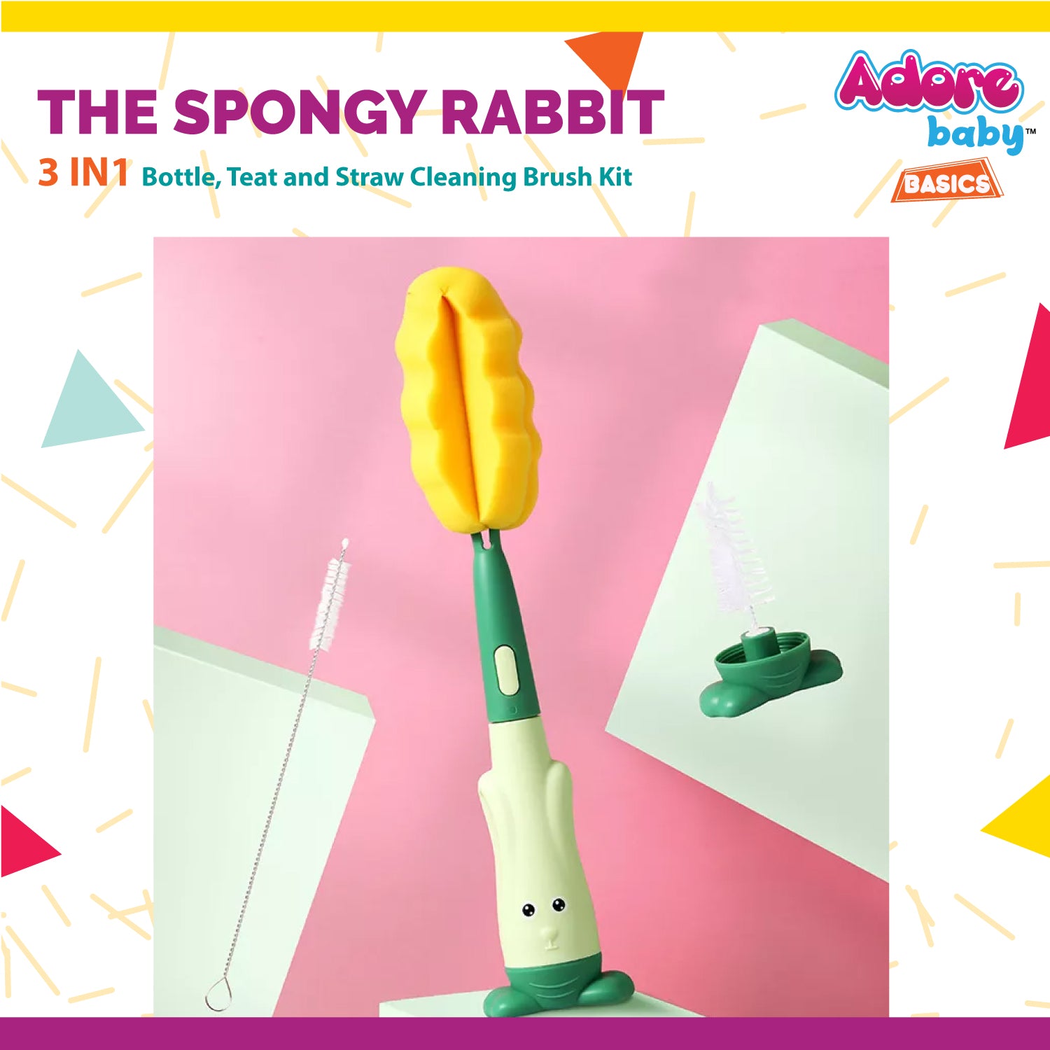 Adore Spongy Rabbit 3-in-1 Bottle Cleaning Brush Kit - Green
