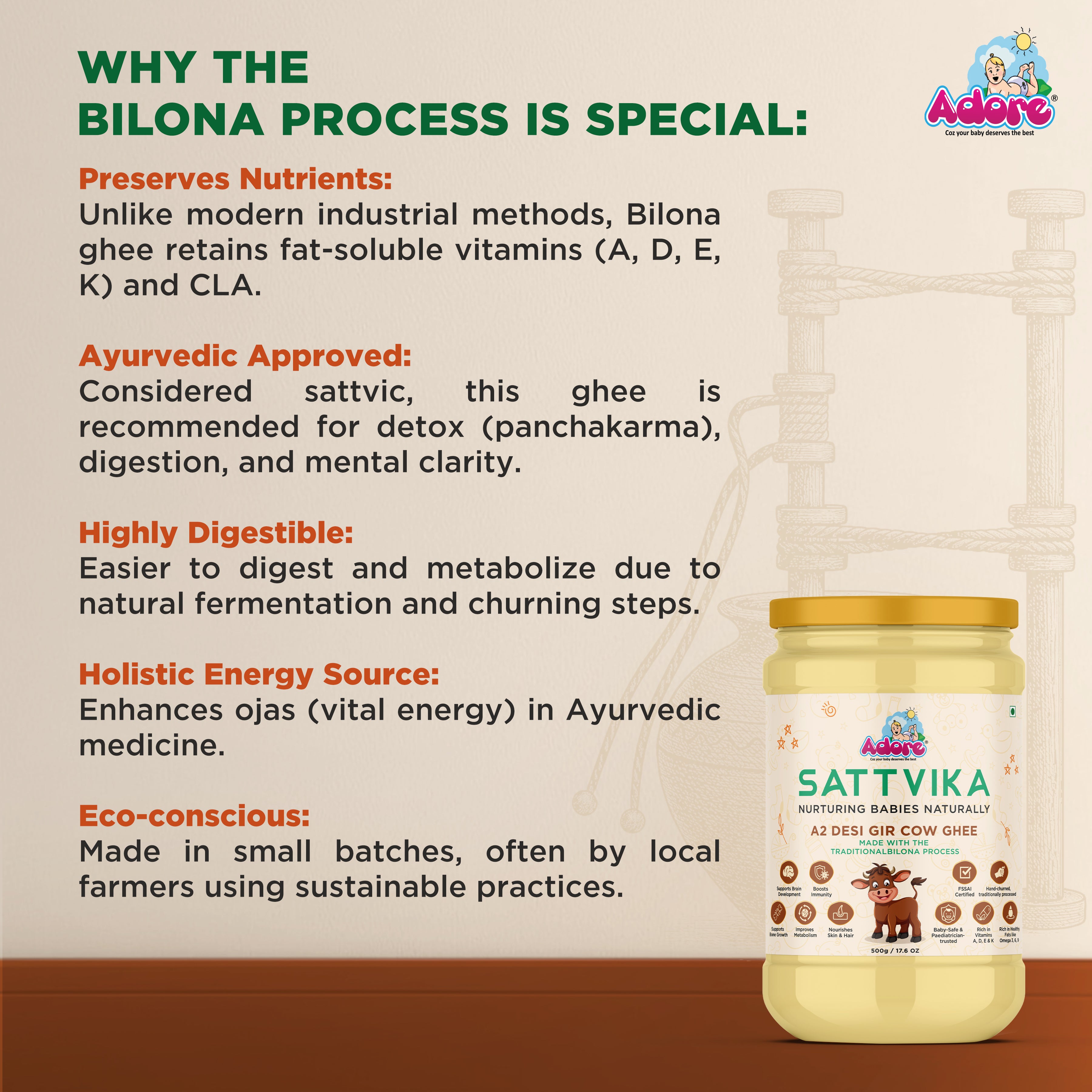 Adore Sattvika A2 Desi Cow Ghee- Made from Bilona Process- 500gms