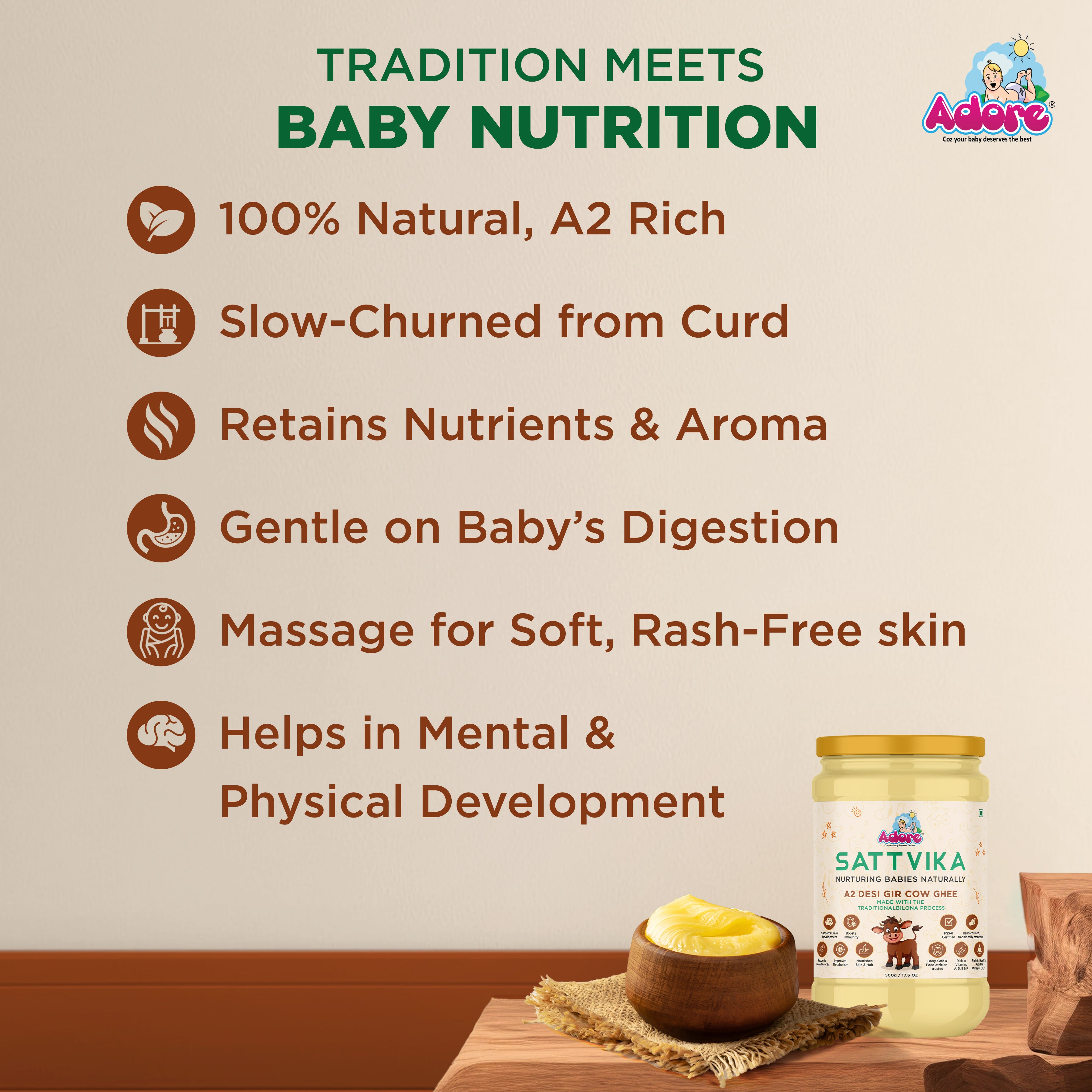 Adore Sattvika A2 Desi Cow Ghee- Made from Bilona Process- 500gms