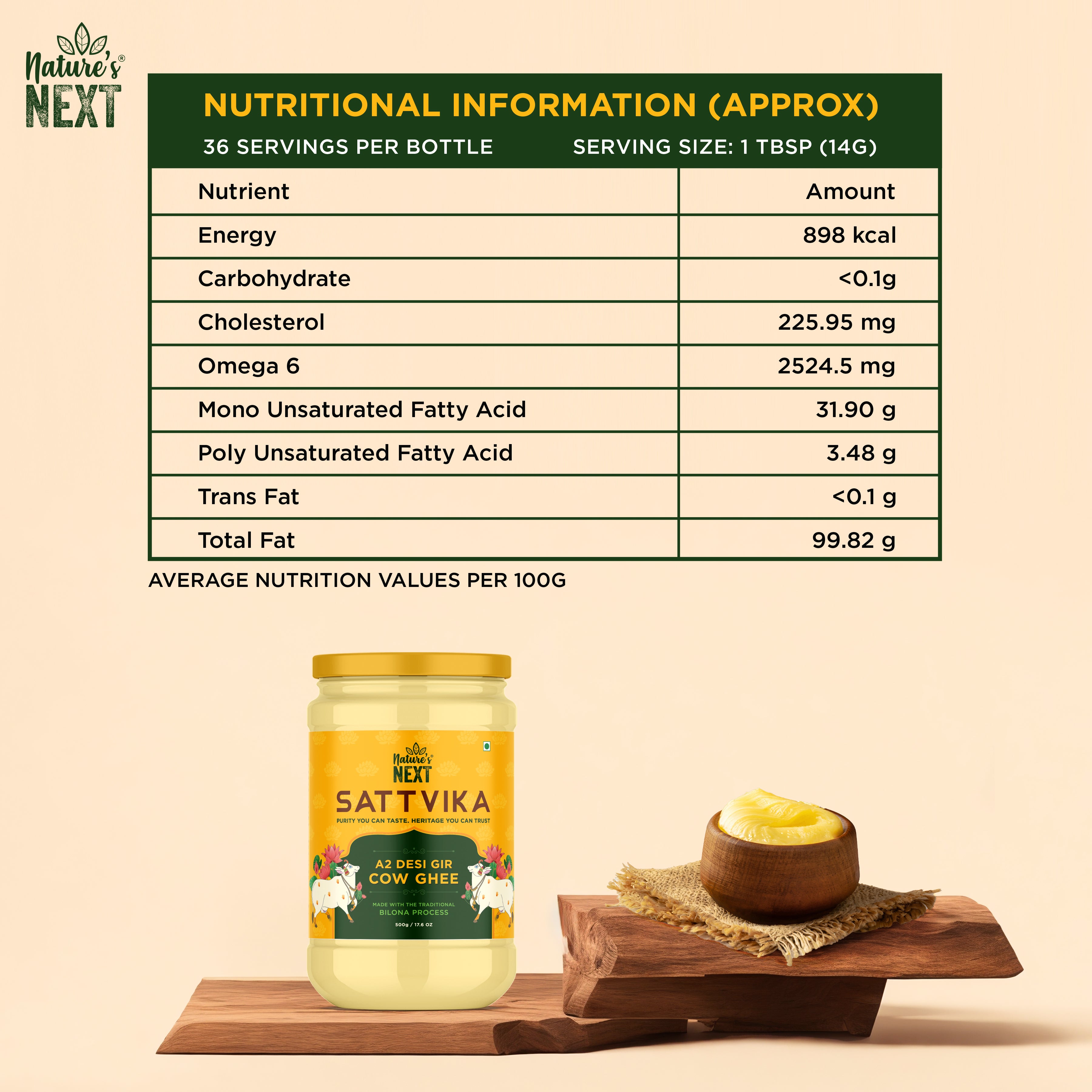 Nature's Next Sattvika A2 Desi Gir Pure Cow Ghee- 500gm Jar