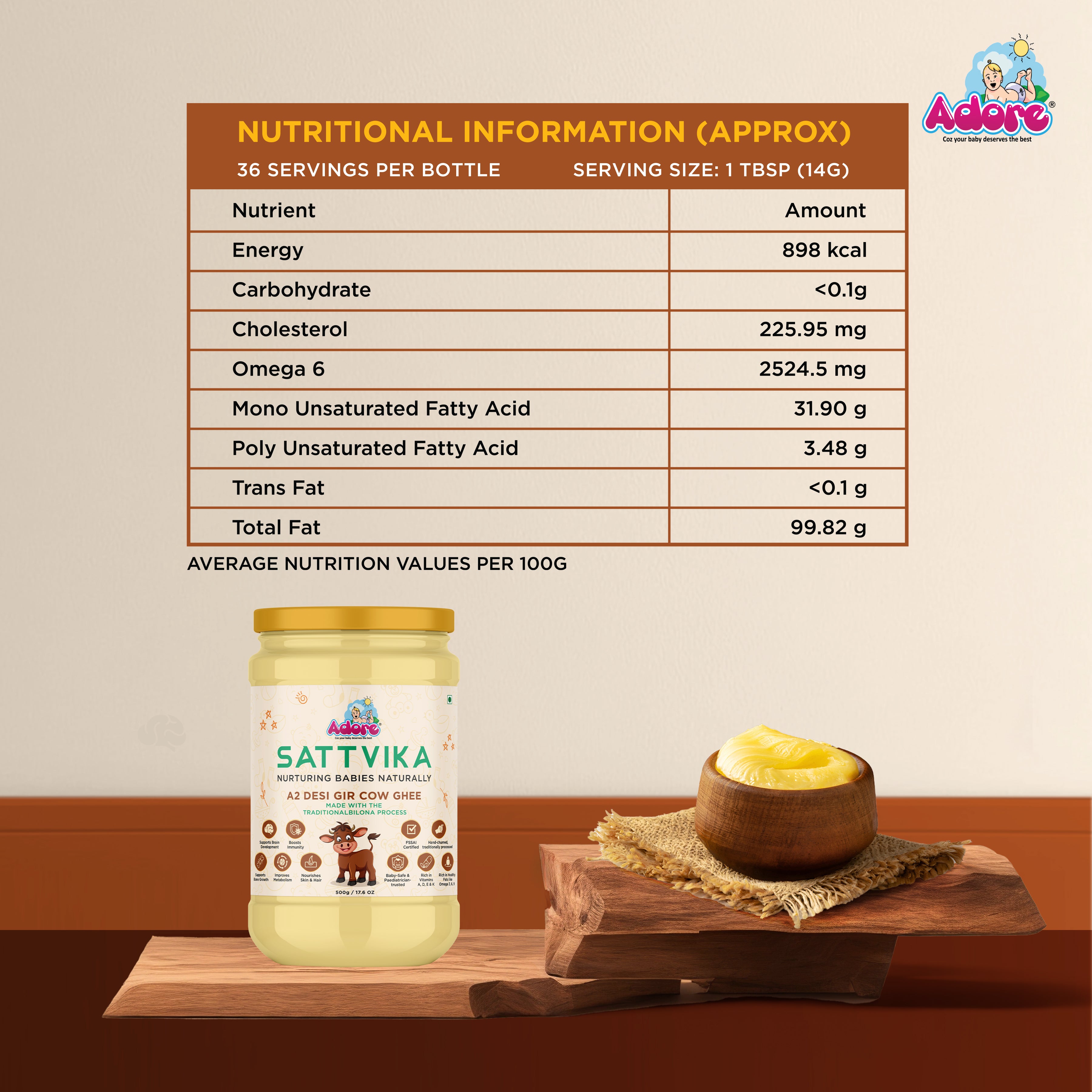 Adore Sattvika A2 Desi Cow Ghee- Made from Bilona Process- 500gms